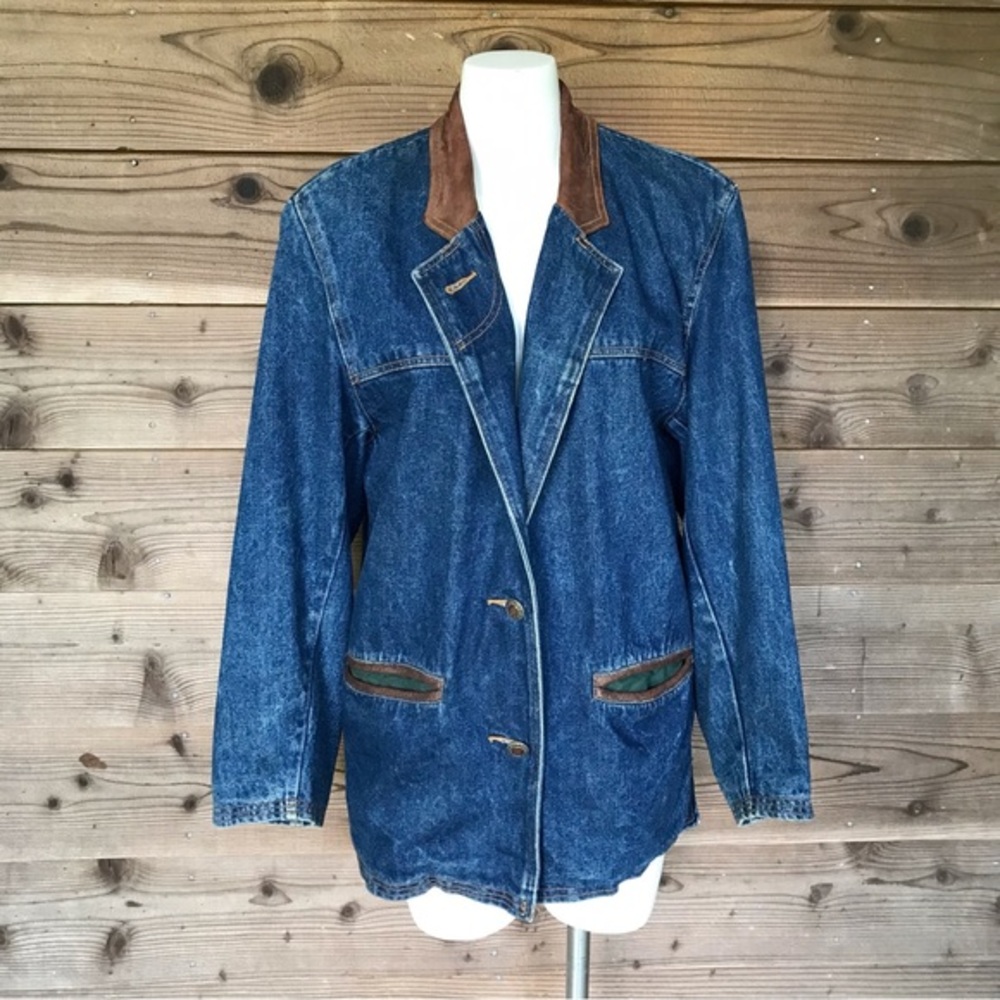 Vintage Outback Red Denim Leather Accents Flannel Lined Blazer Jacket Size Small